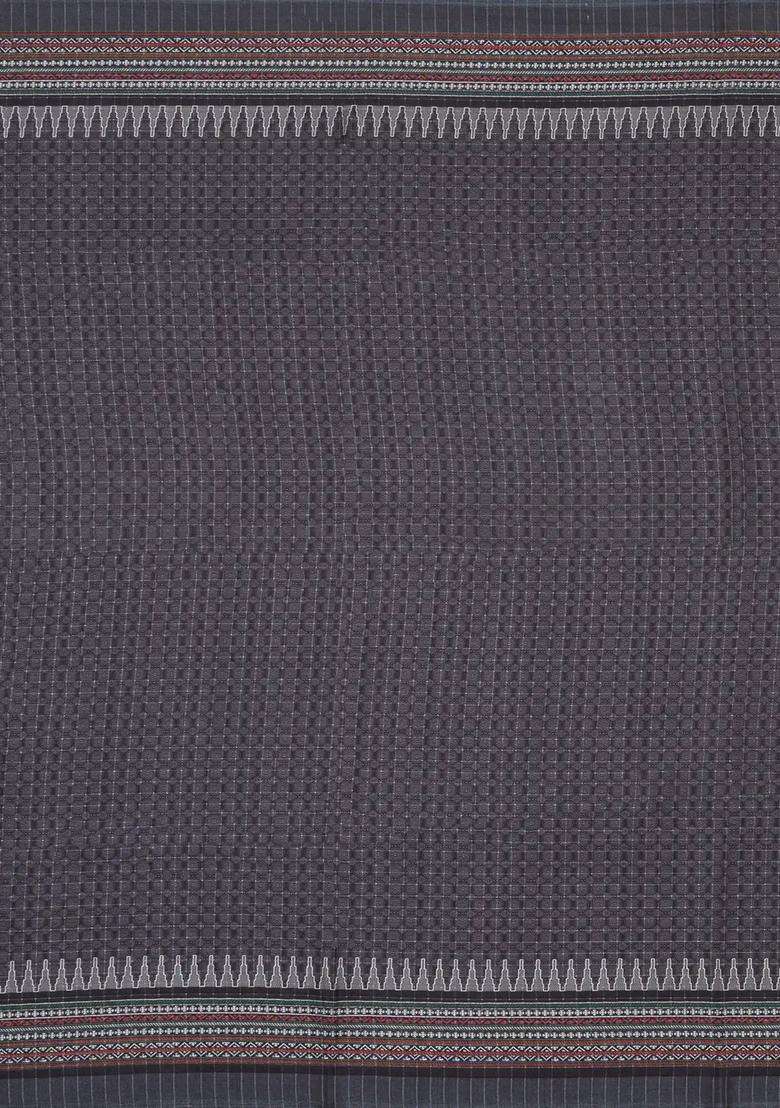 Grey Printed Synthetic Tussar Silk Saree With Thread Border For Women - Indya