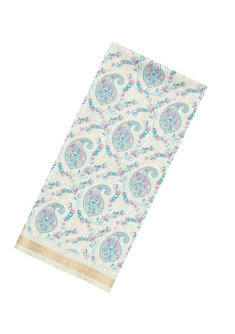 Cream Printed Synthetic Kotha Silk Saree With Zari Border For Women - Indya