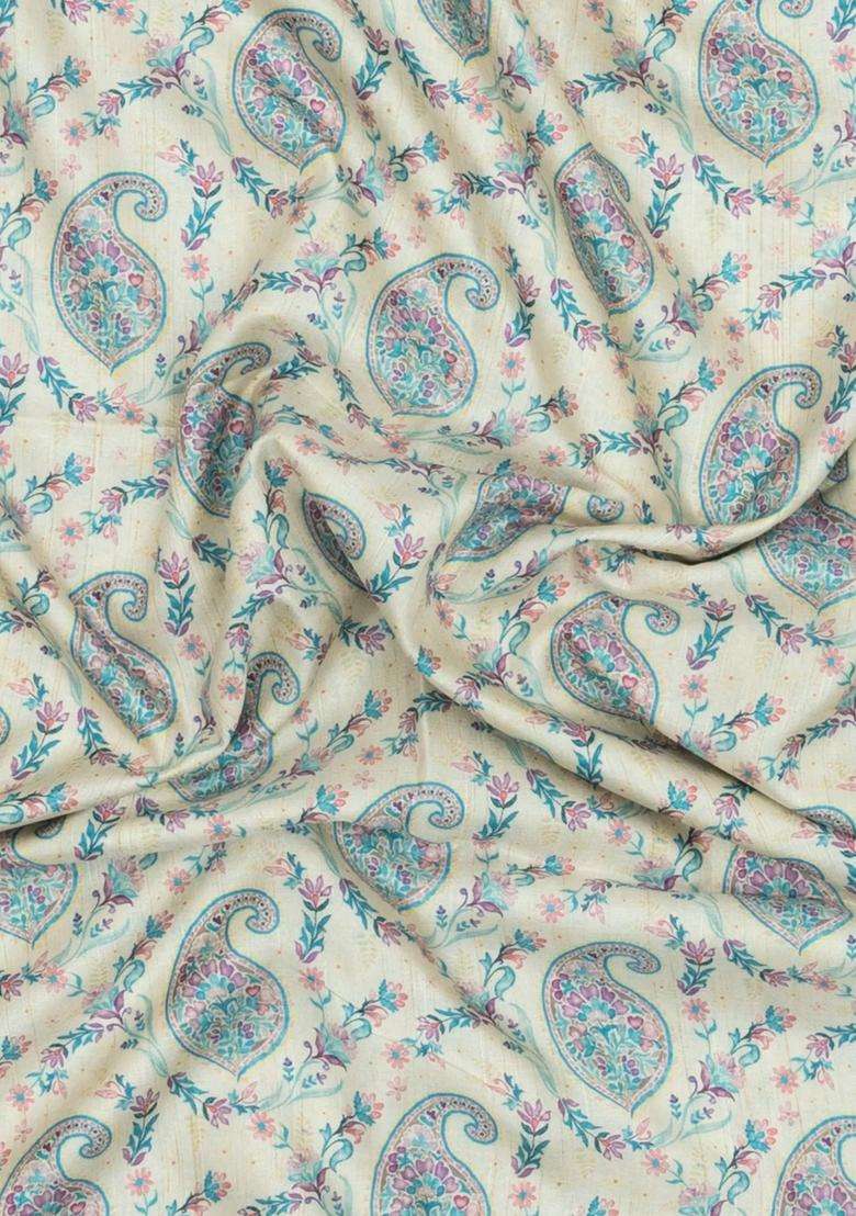 Cream Printed Synthetic Kotha Silk Saree With Zari Border For Women - Indya