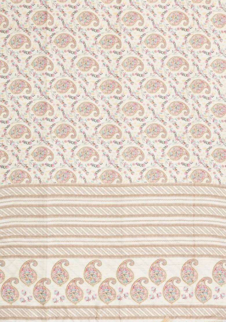 Cream Printed Synthetic Kotha Silk Saree With Zari Border For Women - Indya