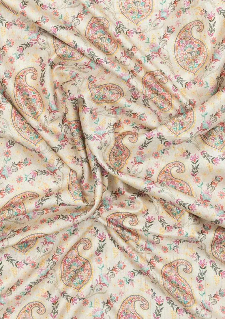 Cream Printed Synthetic Kotha Silk Saree With Zari Border For Women - Indya