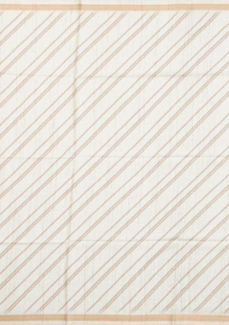 Cream Printed Synthetic Kotha Silk Saree With Zari Border For Women - Indya