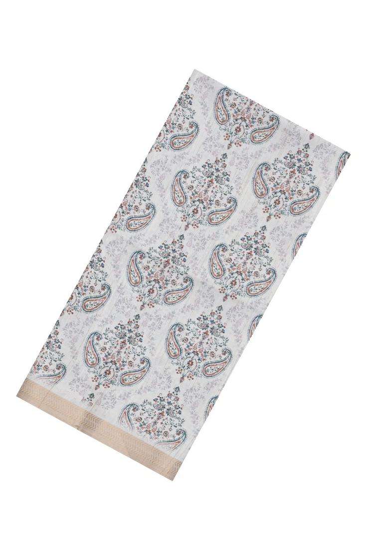 White Printed Synthetic Kotha Silk Saree With Zari Border For Women - Indya