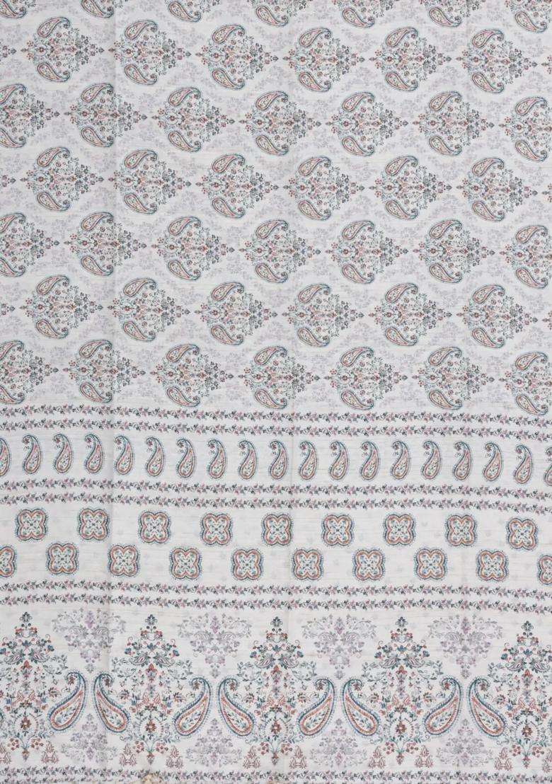 White Printed Synthetic Kotha Silk Saree With Zari Border For Women - Indya