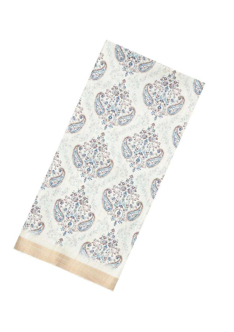 White Printed Synthetic Kotha Silk Saree With Zari Border For Women - Indya