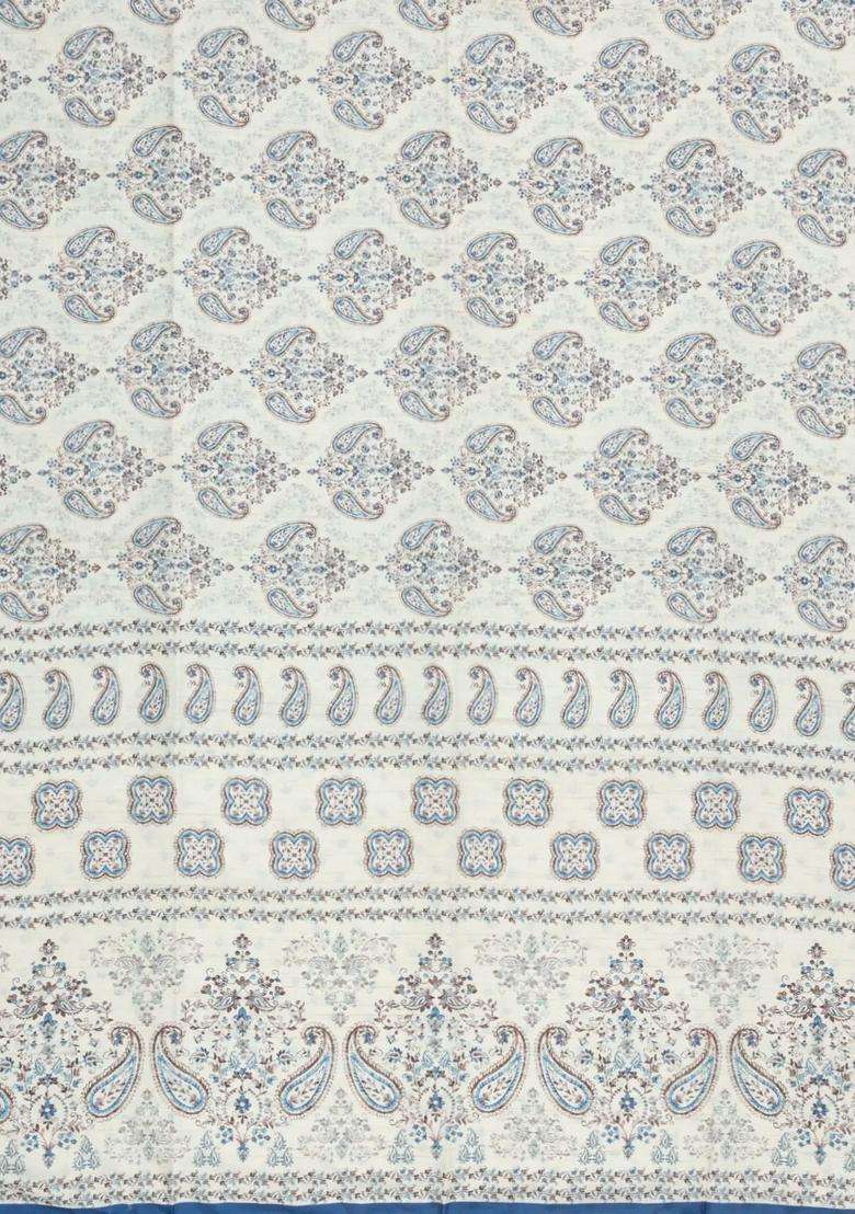 White Printed Synthetic Kotha Silk Saree With Zari Border For Women - Indya