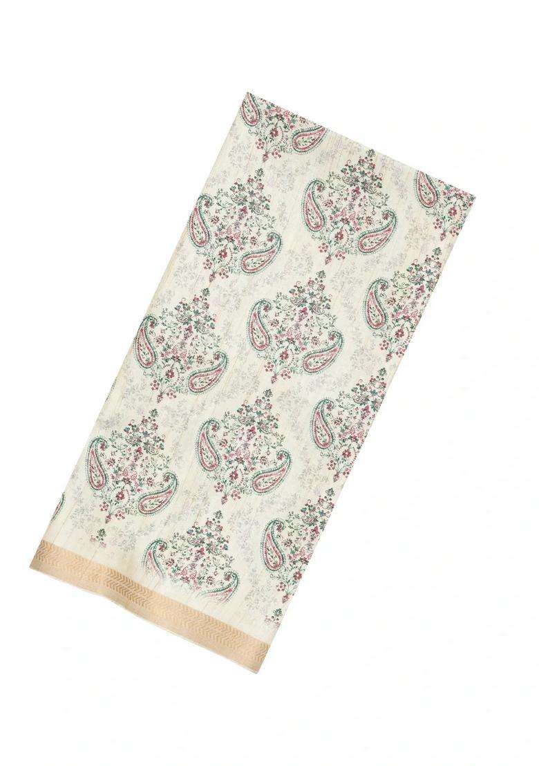 Cream Printed Synthetic Kotha Silk Saree With Zari Border For Women - Indya