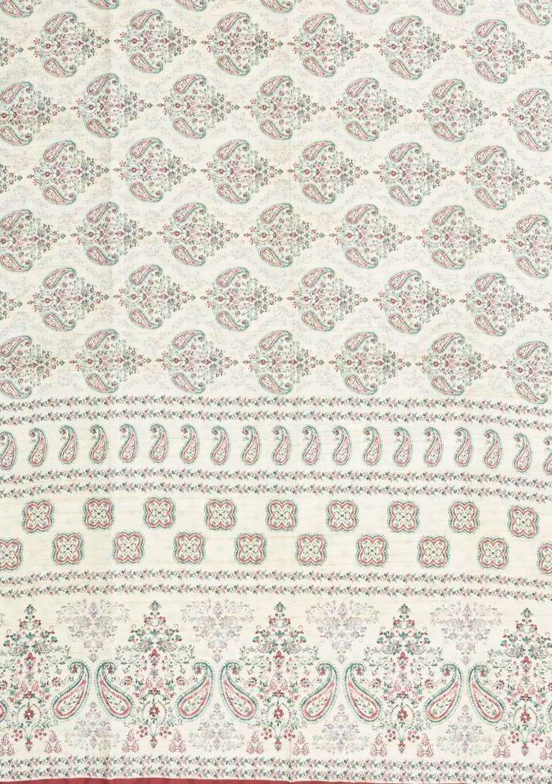 Cream Printed Synthetic Kotha Silk Saree With Zari Border For Women - Indya