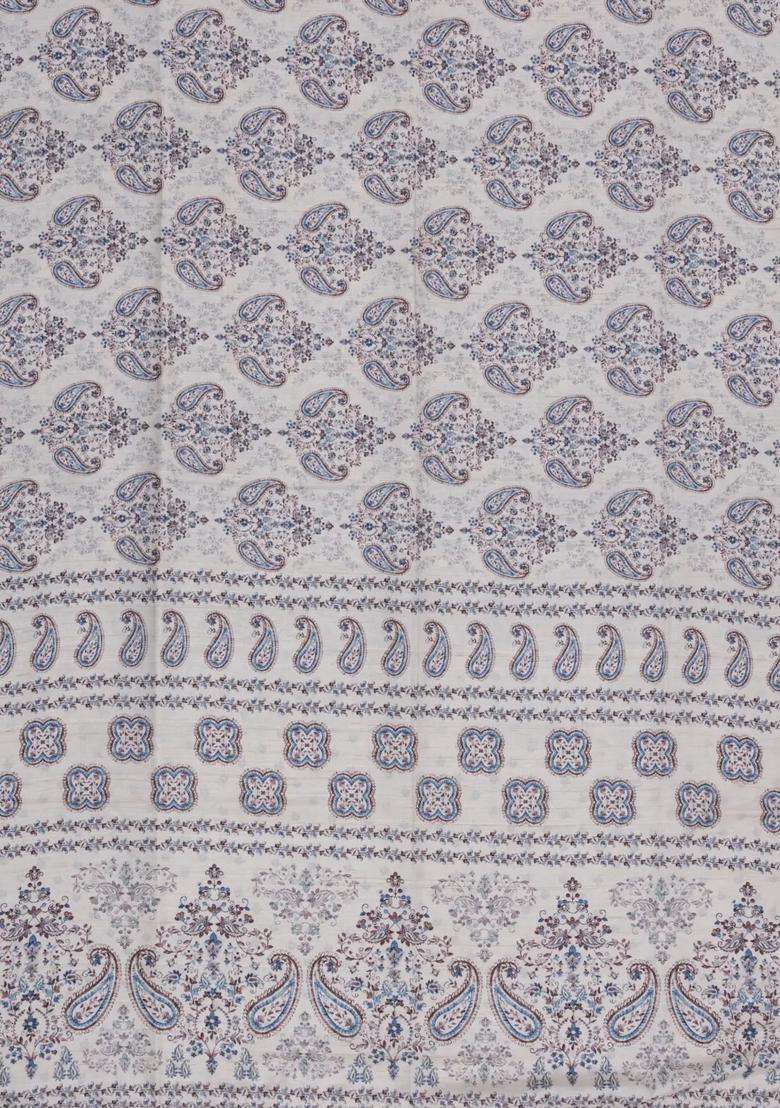 Off White Printed Synthetic Kotha Silk Saree With Zari Border For Women - Indya