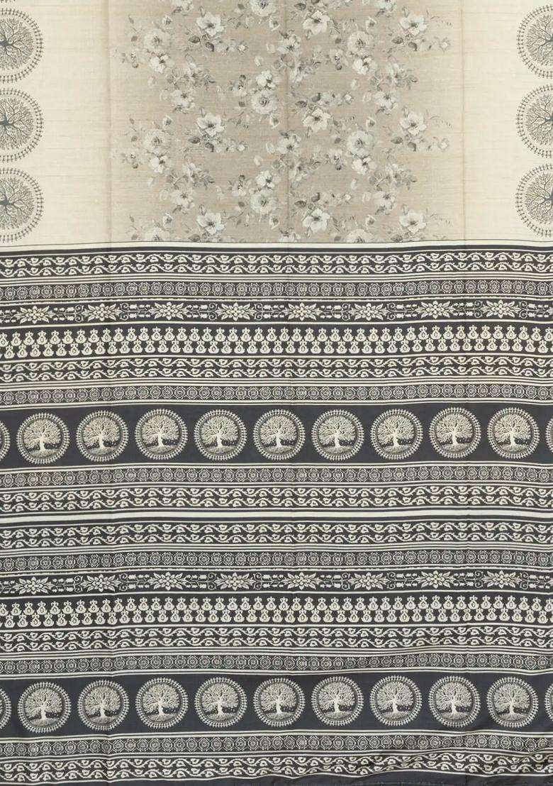 Cream Printed Synthetic Tussar Silk Saree With Grey Border For Women - Indya
