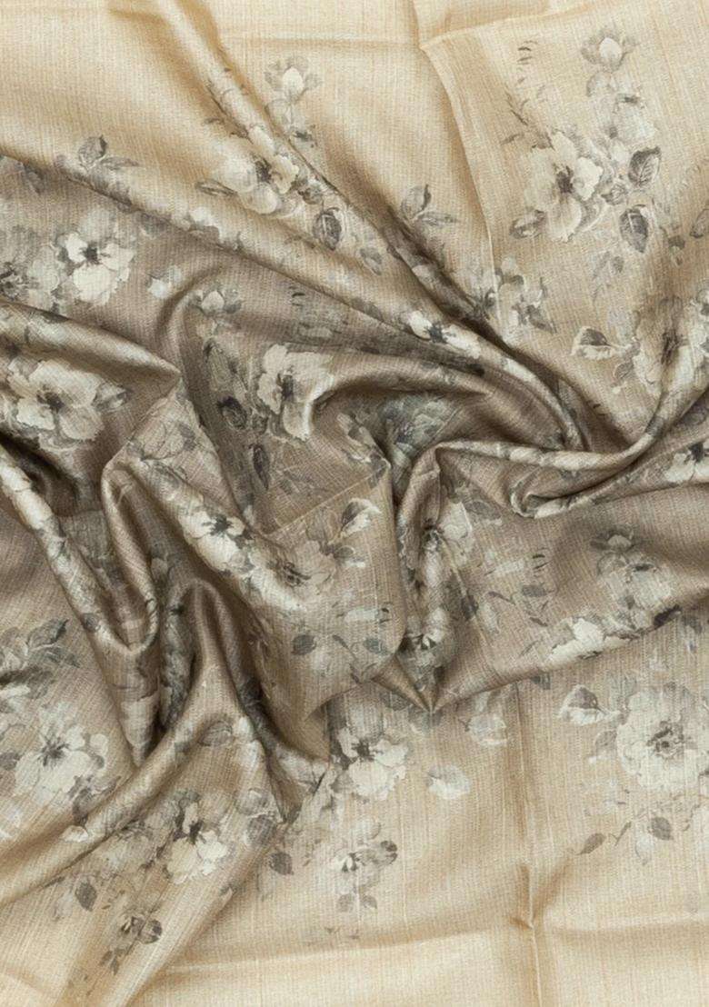 Cream Printed Synthetic Tussar Silk Saree With Grey Border For Women - Indya