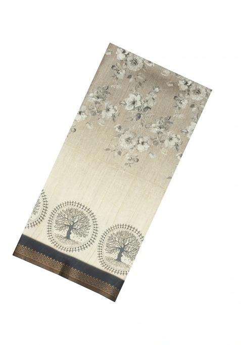 Cream Printed Synthetic Tussar Silk Saree With Grey Border For Women