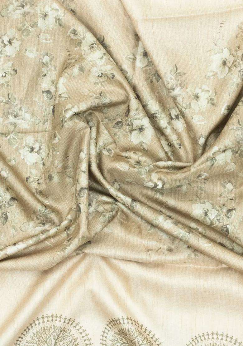 Cream Printed Synthetic Tussar Silk Saree With Green Border For Women - Indya