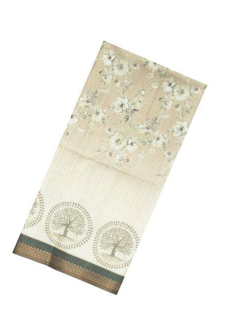 Cream Printed Synthetic Tussar Silk Saree With Green Border For Women