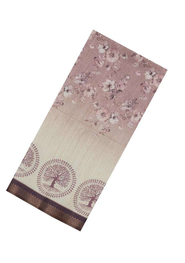 Cream Printed Synthetic Tussar Silk Saree With Lilac Border For Women - Indya