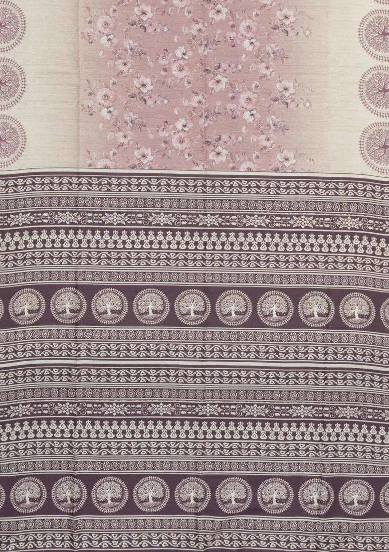 Cream Printed Synthetic Tussar Silk Saree With Lilac Border For Women - Indya