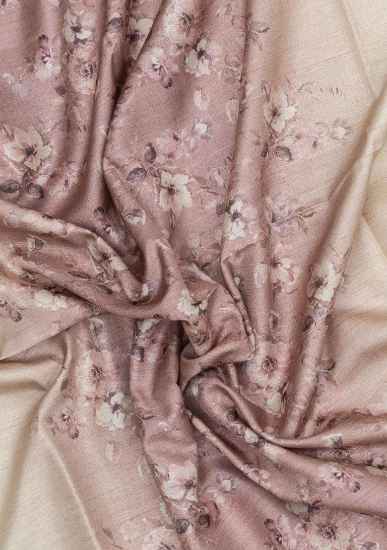 Cream Printed Synthetic Tussar Silk Saree With Lilac Border For Women - Indya