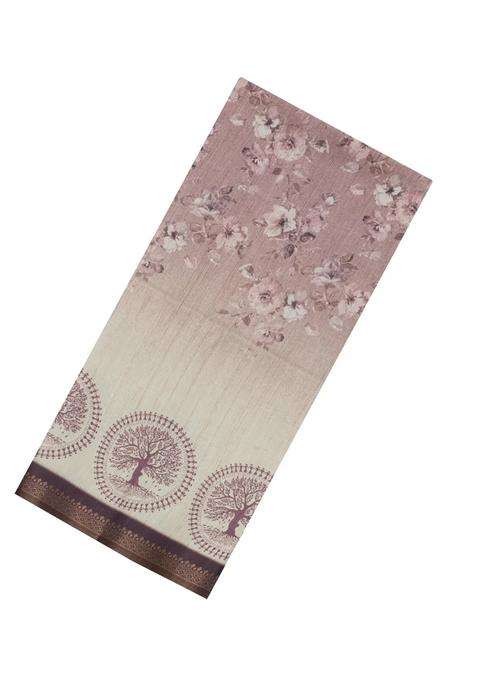 Cream Printed Synthetic Tussar Silk Saree With Lilac Border For Women