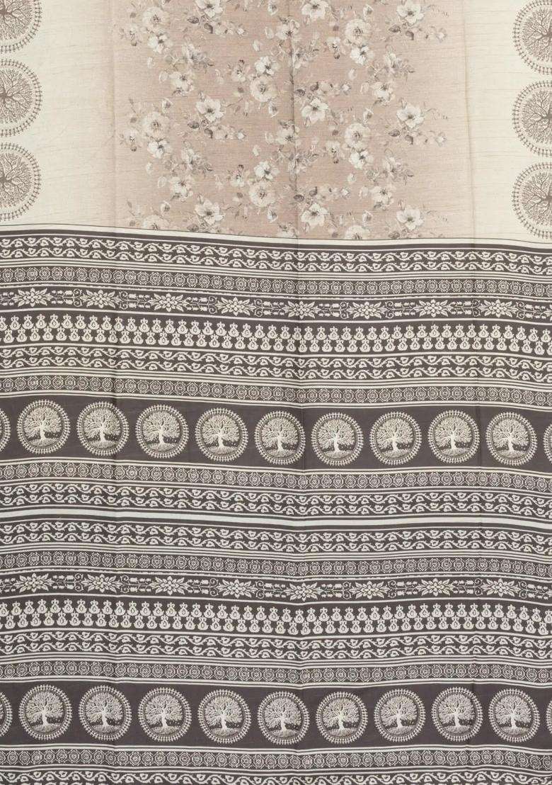 Cream Printed Synthetic Tussar Silk Saree With Dark Grey Border For Women - Indya