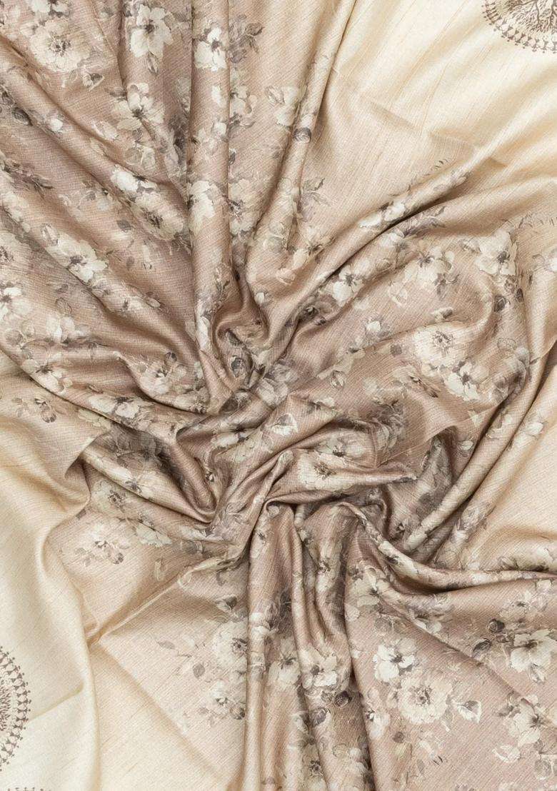 Cream Printed Synthetic Tussar Silk Saree With Dark Grey Border For Women - Indya