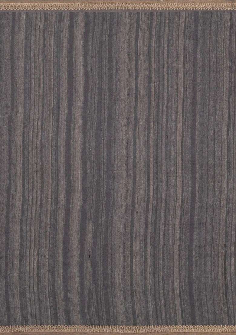 Cream Printed Synthetic Tussar Silk Saree With Dark Grey Border For Women - Indya