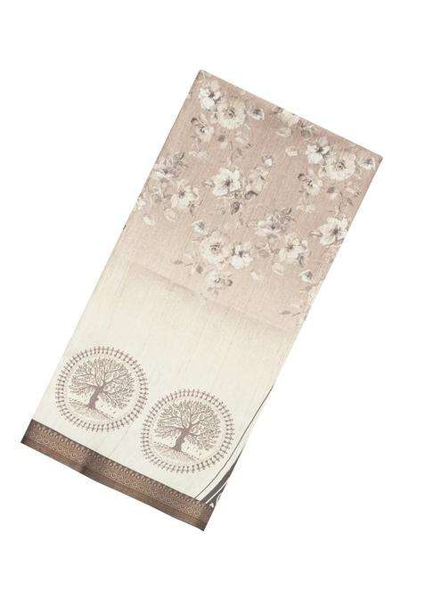 Cream Printed Synthetic Tussar Silk Saree With Dark Grey Border For Women