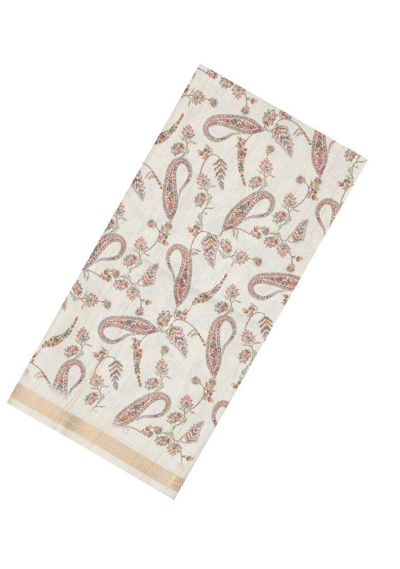 Cream Printed Synthetic Kotha Silk Saree With Zari Border For Women - Indya