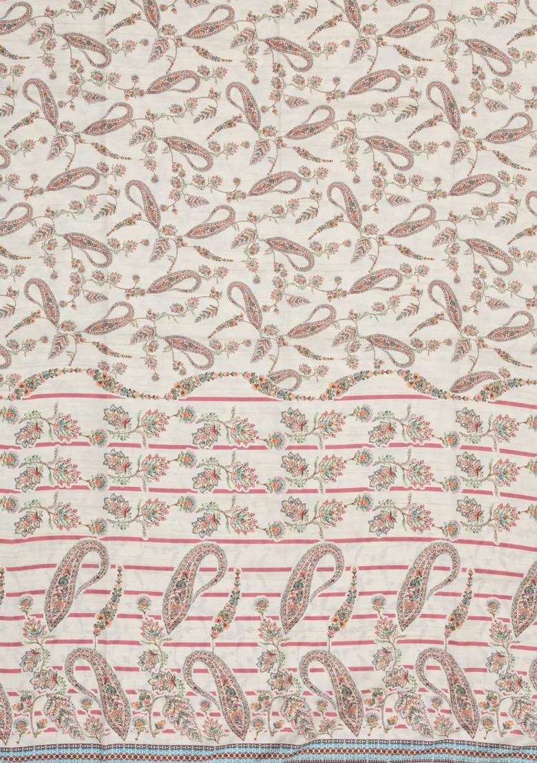 Cream Printed Synthetic Kotha Silk Saree With Zari Border For Women - Indya