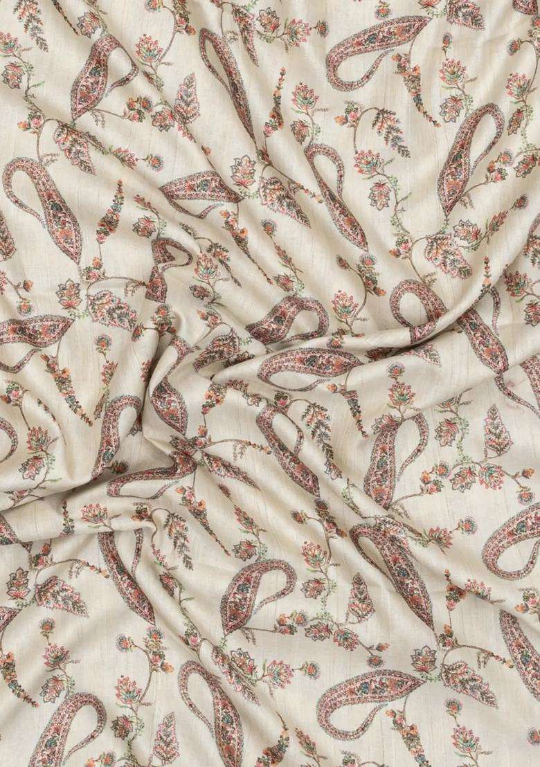 Cream Printed Synthetic Kotha Silk Saree With Zari Border For Women - Indya