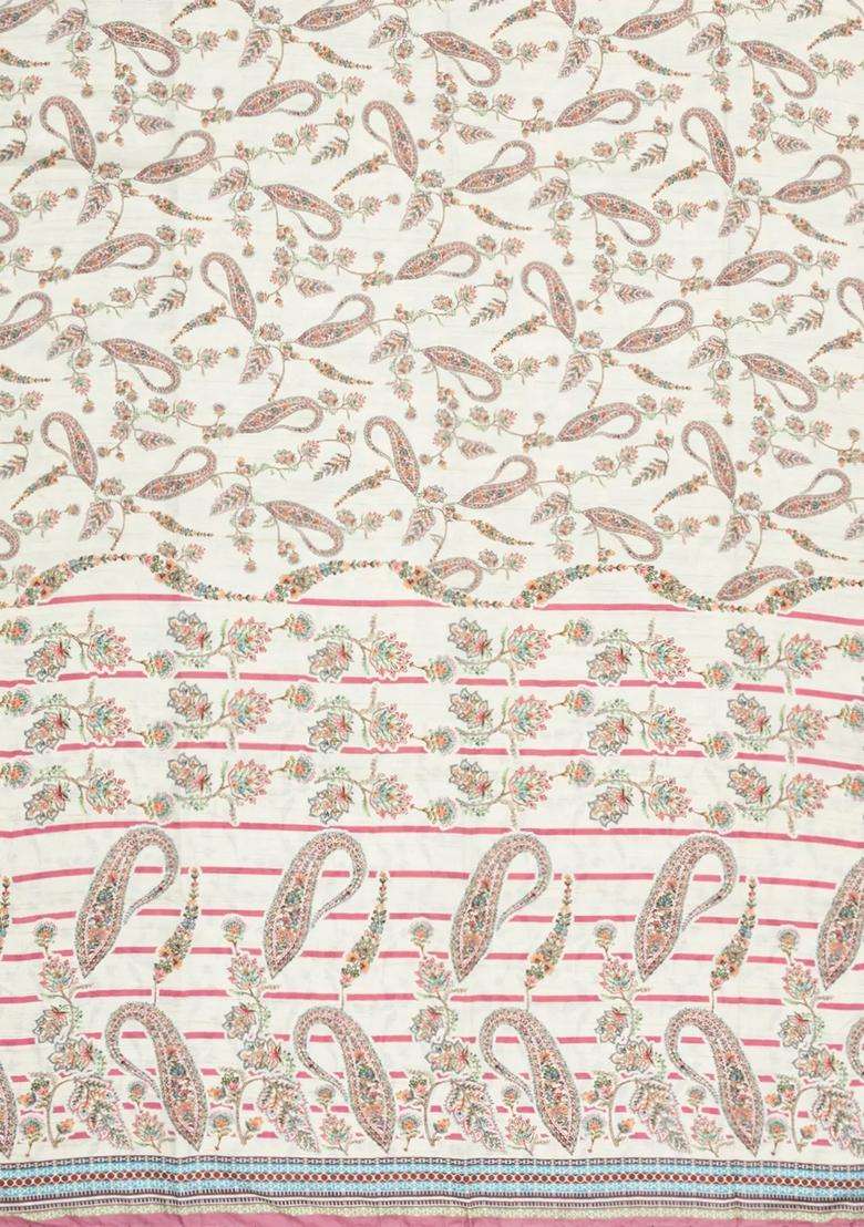 Cream Printed Synthetic Kotha Silk Saree With Zari Border For Women - Indya