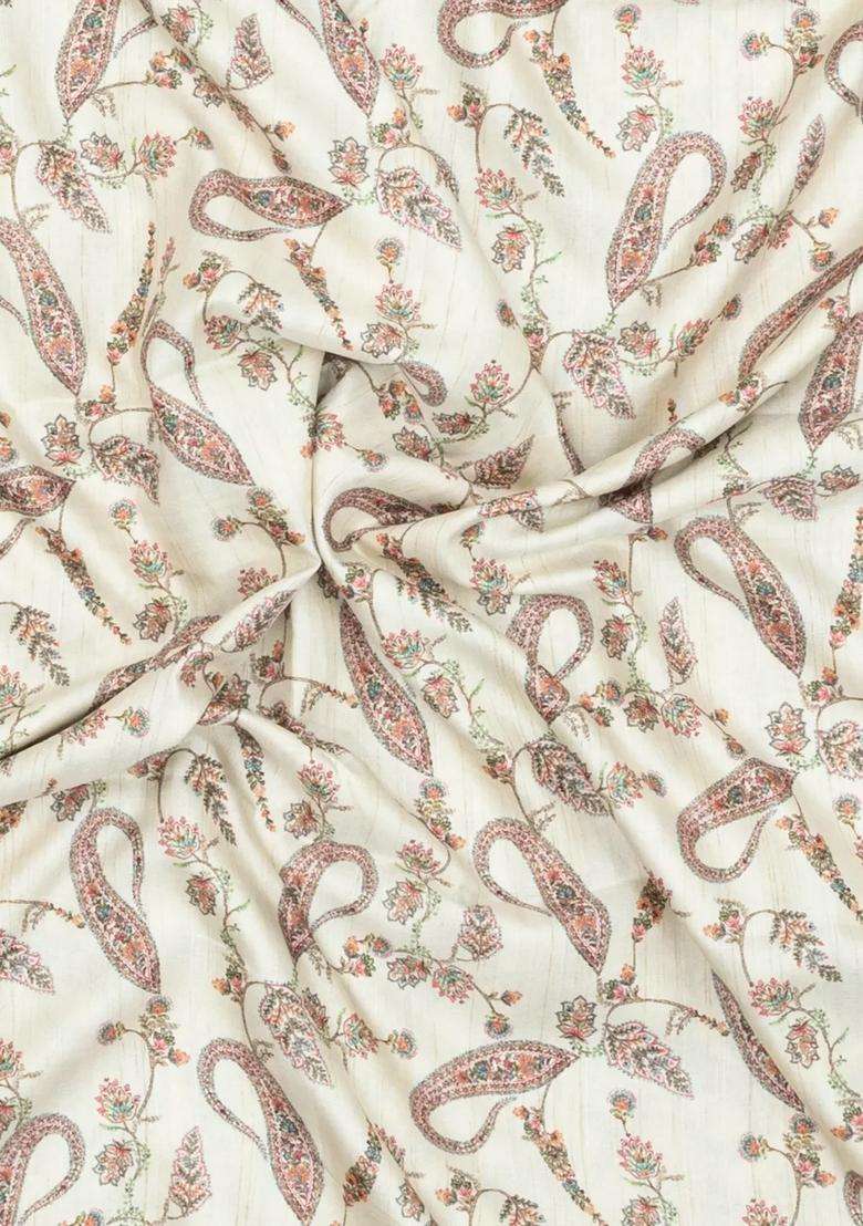 Cream Printed Synthetic Kotha Silk Saree With Zari Border For Women - Indya