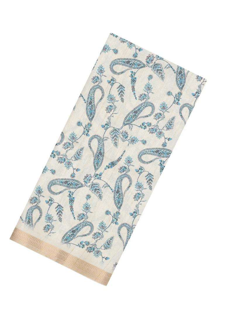 Cream Printed Synthetic Kotha Silk Saree With Zari Border For Women - Indya