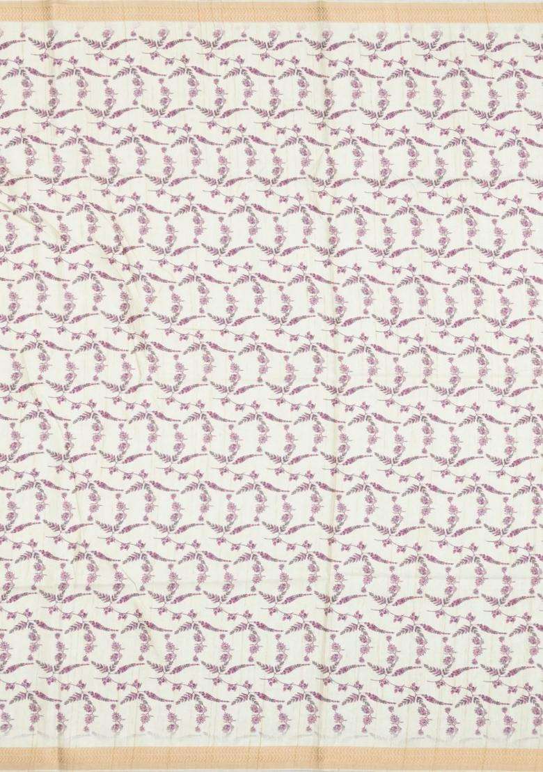 Cream Printed Synthetic Kotha Silk Saree With Zari Border For Women - Indya