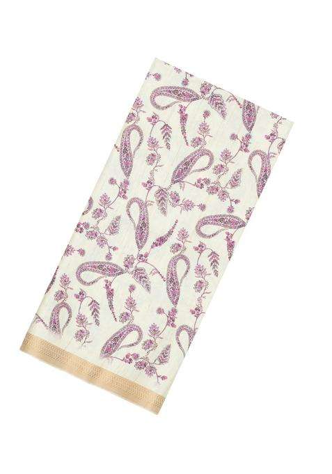 Cream Printed Synthetic Kotha Silk Saree With Zari Border For Women