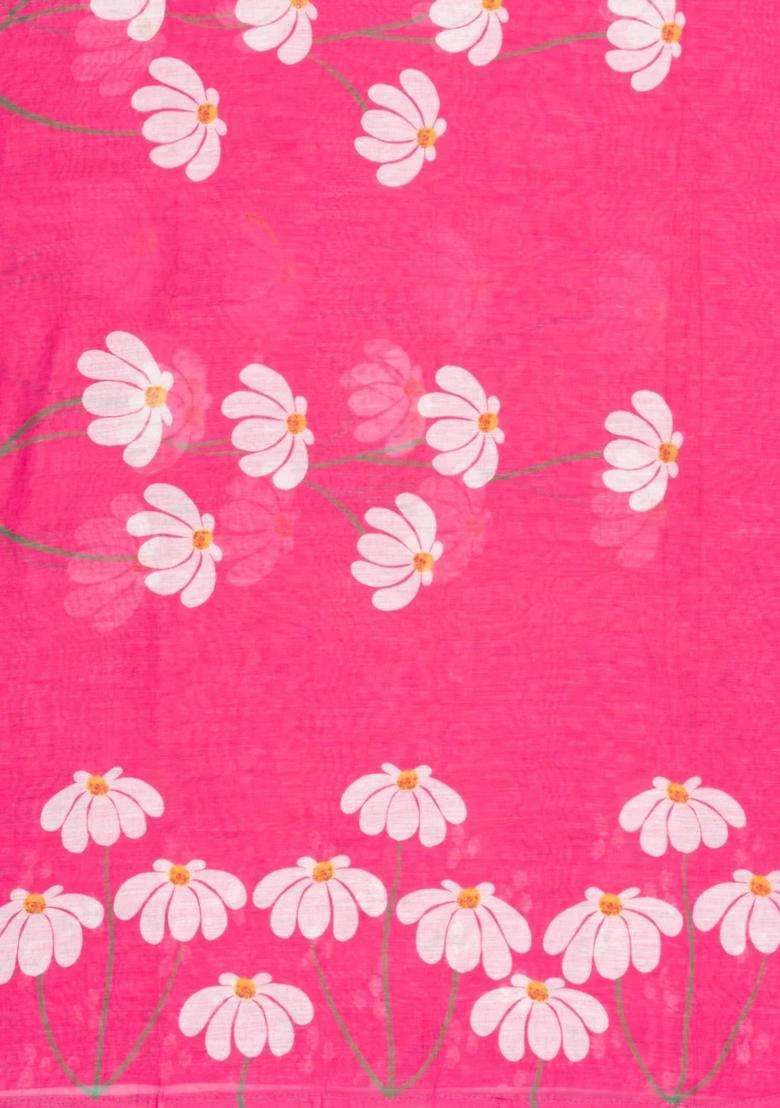 Hot Pink Printed Synthetic Linen Saree With Floral Motifs For Women - Indya