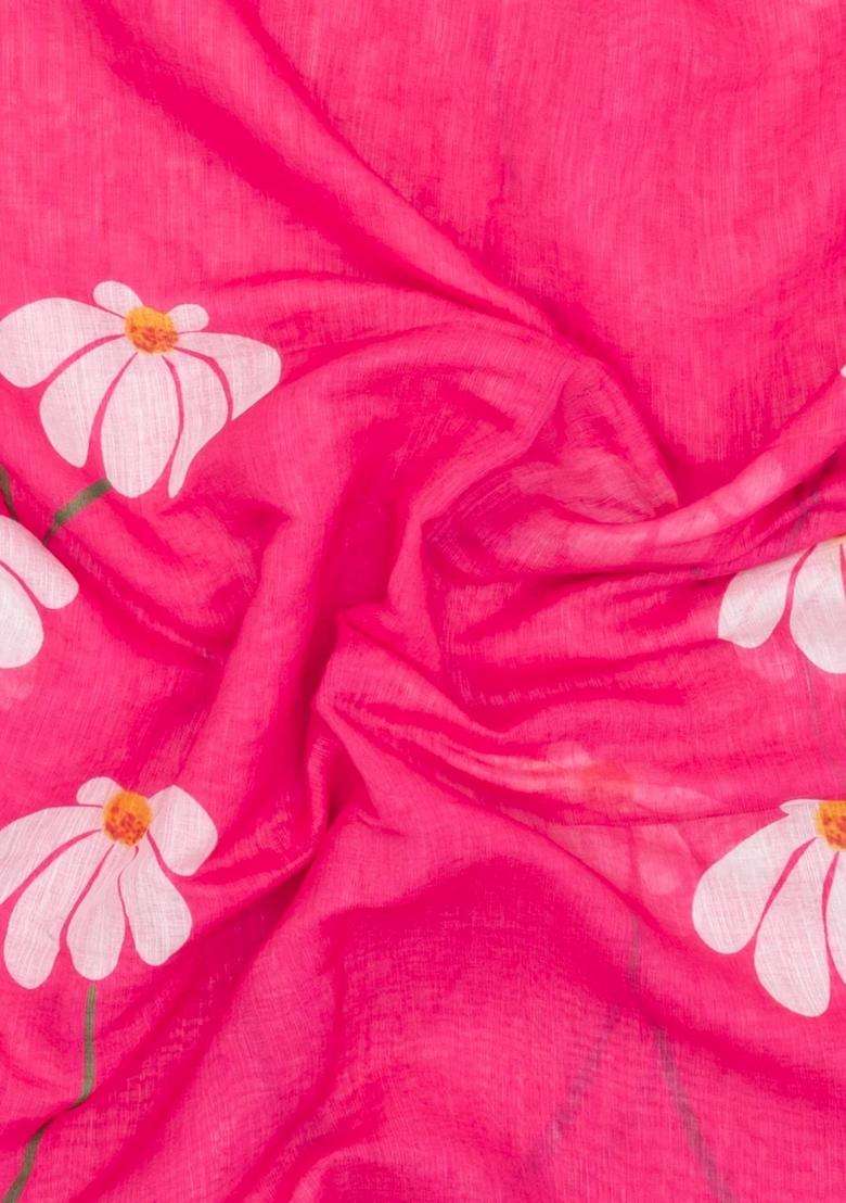 Hot Pink Printed Synthetic Linen Saree With Floral Motifs For Women - Indya