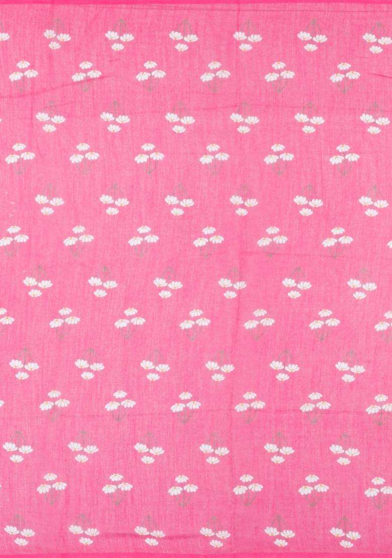 Hot Pink Printed Synthetic Linen Saree With Floral Motifs For Women - Indya