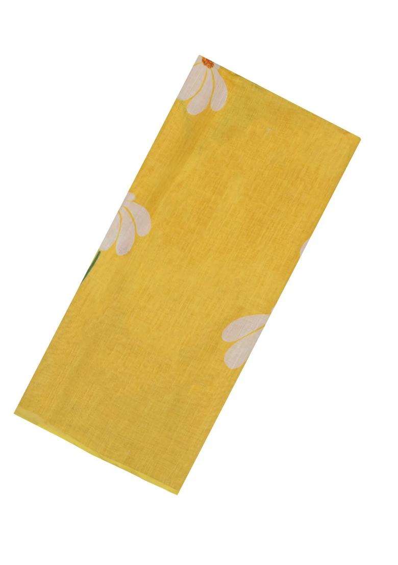 Yellow Printed Synthetic Linen Saree With Floral Motifs For Women - Indya