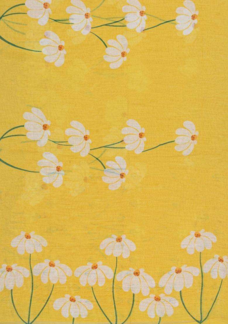 Yellow Printed Synthetic Linen Saree With Floral Motifs For Women - Indya
