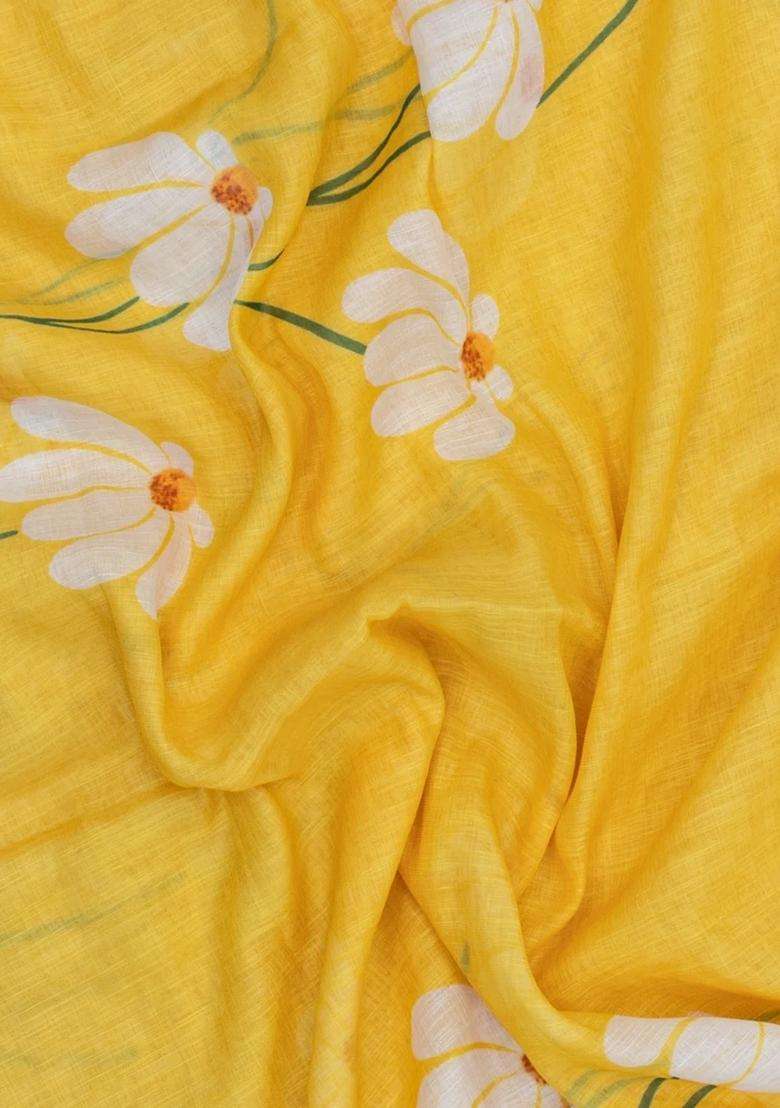 Yellow Printed Synthetic Linen Saree With Floral Motifs For Women - Indya