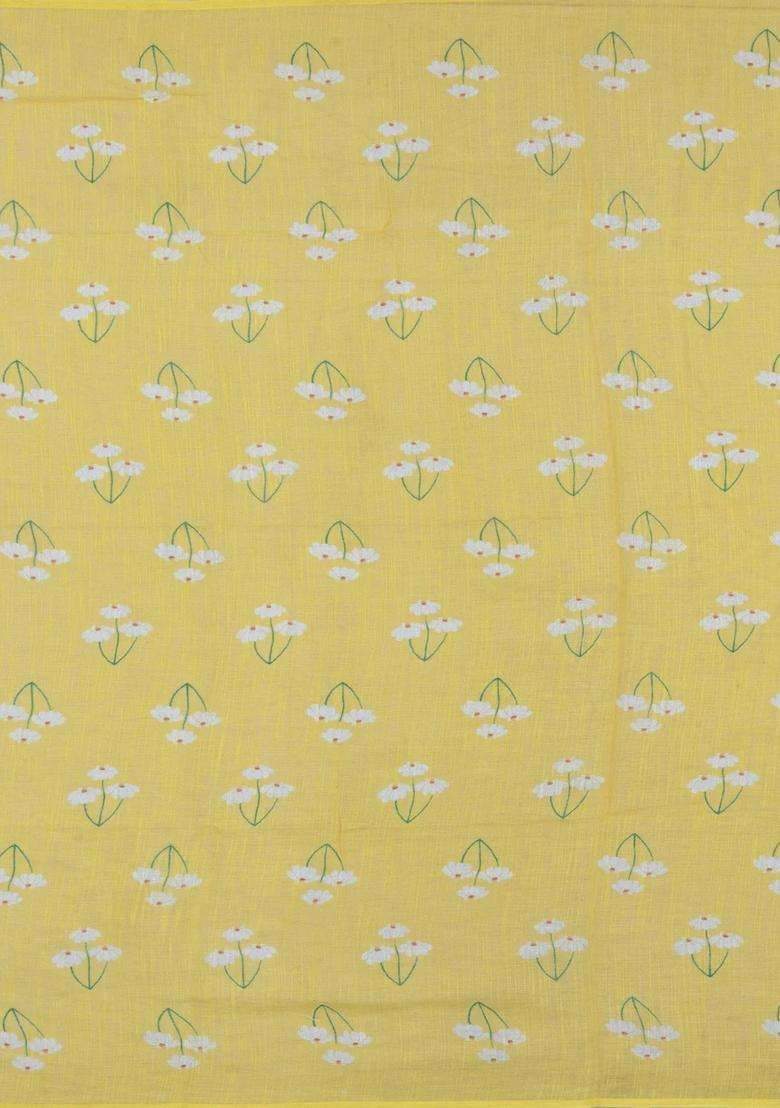 Yellow Printed Synthetic Linen Saree With Floral Motifs For Women - Indya