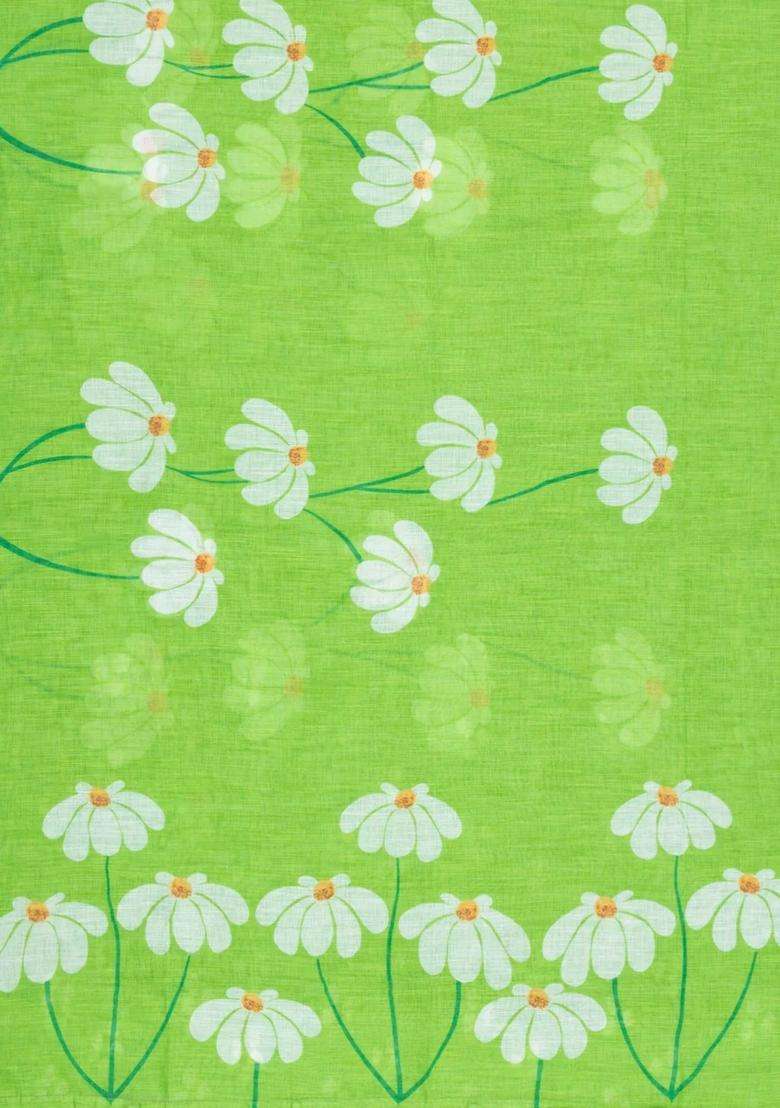 Light Green Printed Synthetic Linen Saree With Floral Motifs For Women - Indya