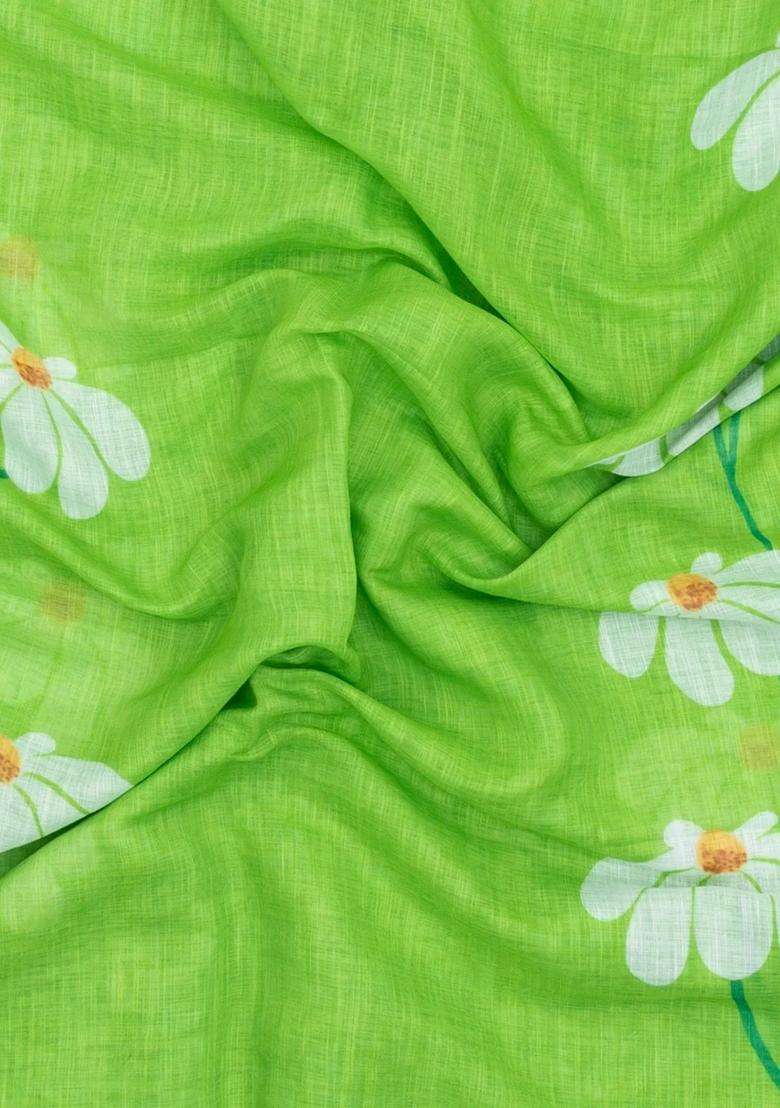 Light Green Printed Synthetic Linen Saree With Floral Motifs For Women - Indya