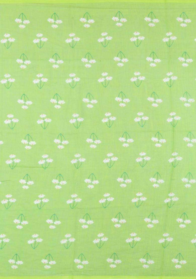 Light Green Printed Synthetic Linen Saree With Floral Motifs For Women - Indya