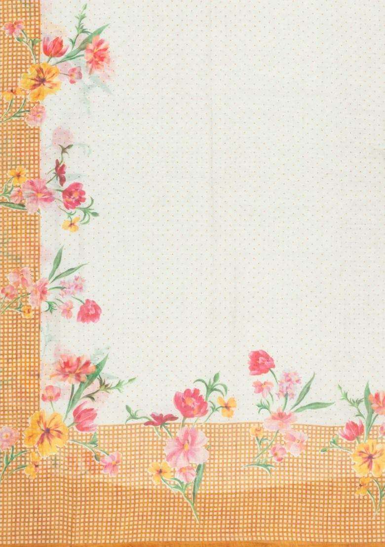 Beige Printed Synthetic Linen Saree With Floral Motifs For Women - Indya