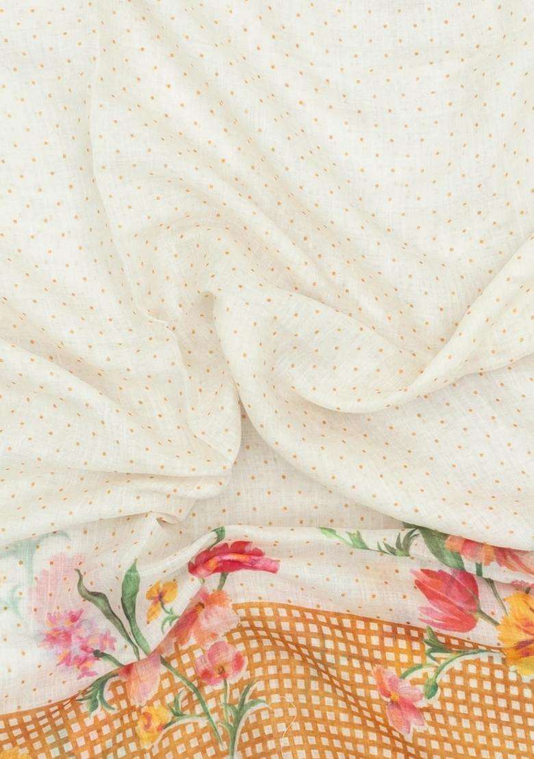 Beige Printed Synthetic Linen Saree With Floral Motifs For Women - Indya
