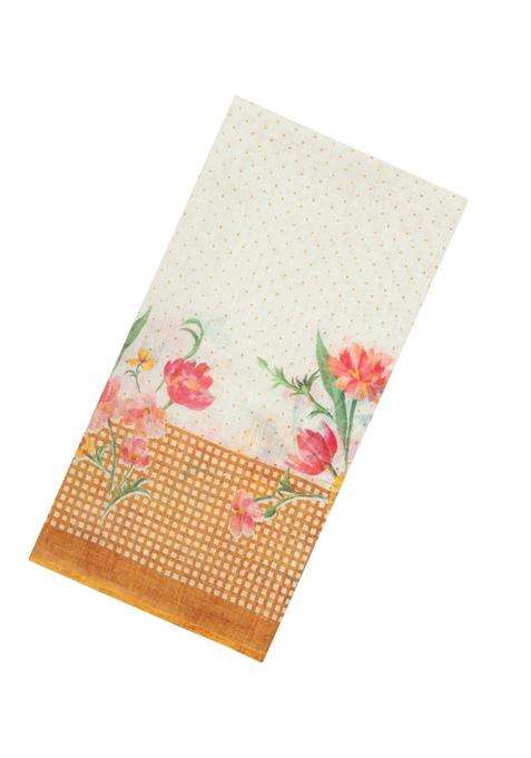 Beige Printed Synthetic Linen Saree With Floral Motifs For Women