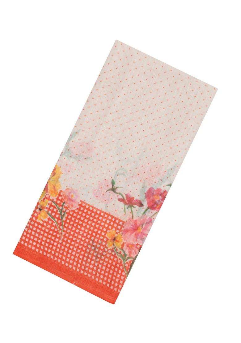 Orange Printed Synthetic Linen Saree With Floral Motifs For Women - Indya
