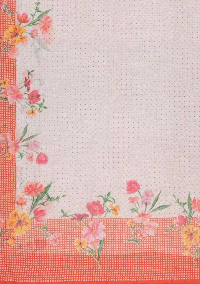 Orange Printed Synthetic Linen Saree With Floral Motifs For Women - Indya