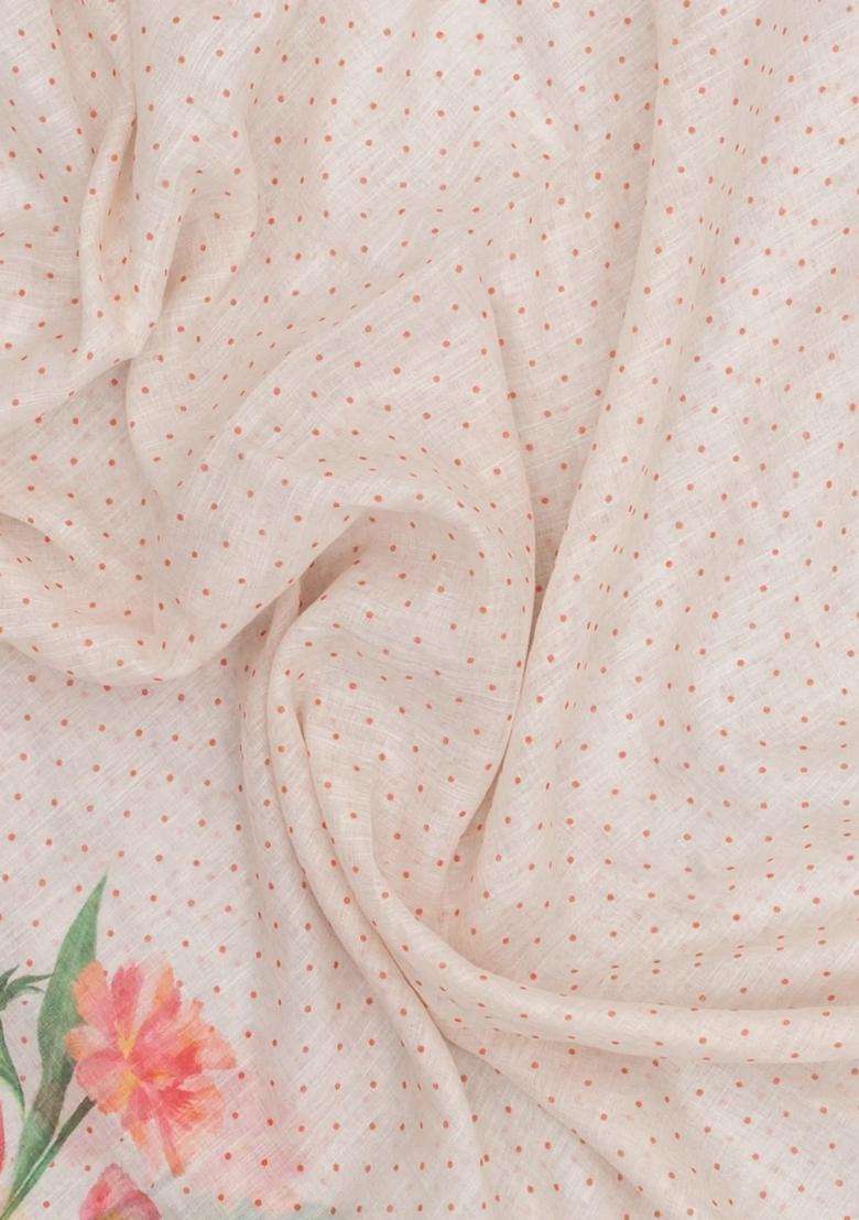 Orange Printed Synthetic Linen Saree With Floral Motifs For Women - Indya